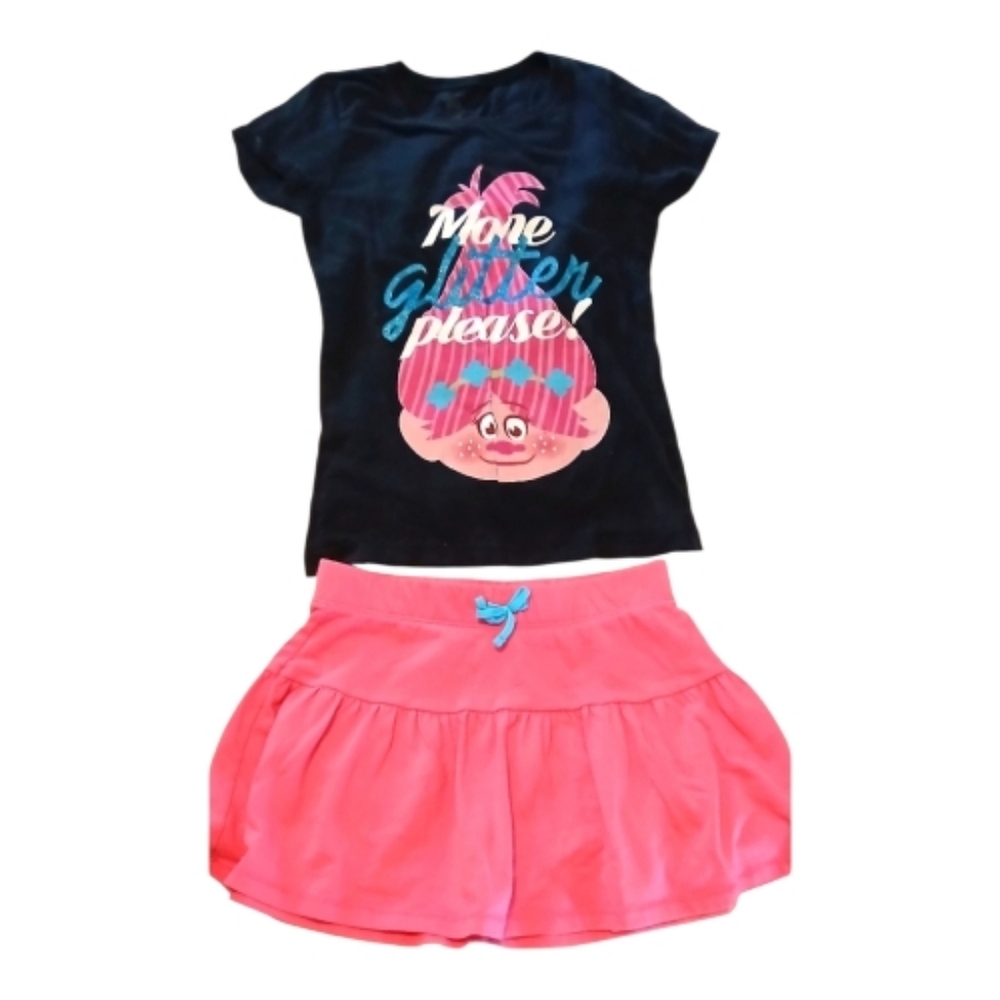 Black Poppy Graphic Tee and Pink Skirt Set - 7/8